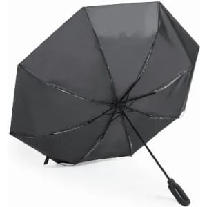 A black umbrella featuring a sleek design with a handle and ribs extending from the centre.