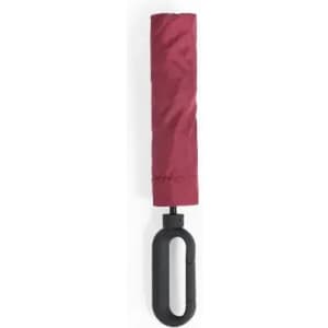 A maroon umbrella with a black handle, displayed in a closed position. It features a simple design and a loop for easy carrying.