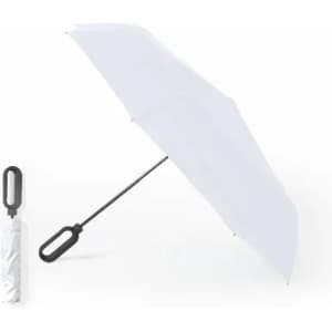 A white umbrella with a black handle, displayed alongside its folded version. The design is sleek and minimalistic.