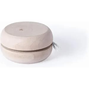 A wooden yo-yo with a smooth, light wood finish and a string attached.
