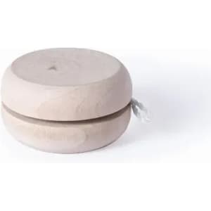 A wooden yo-yo with a smooth, light wood finish and a string attached, featuring a round shape.