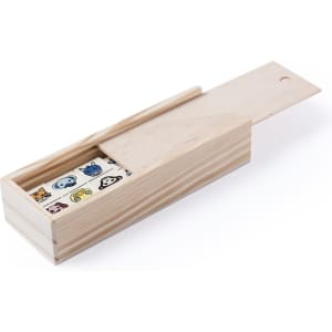 A wooden box featuring a sliding lid, containing colourful, cartoon animal stickers. The box has a simple design.