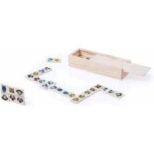 A wooden box containing colourful tiles arranged in a playful layout, featuring various animal designs.