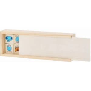 A wooden box containing colourful animal game pieces, featuring blue, orange, and pink designs. The box has a sliding lid.