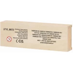 A wooden box with a smooth finish, featuring a logo and various labels on one side.