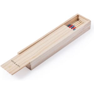 A wooden box containing Mikado sticks in natural wood with red and blue accents. The box also features a logo.
