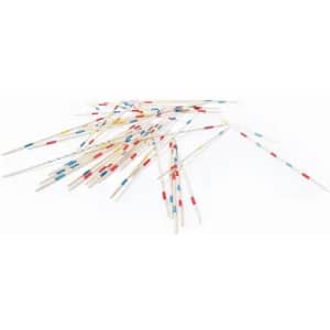 A collection of Mikado sticks in a mix of white, red, and blue, scattered on a white background.