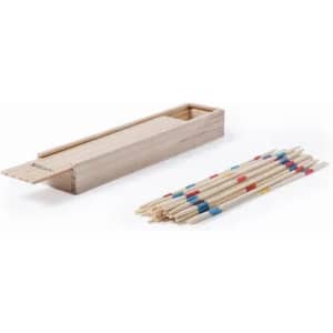 A wooden box containing Mikado sticks in natural wood with coloured markings in red and blue.