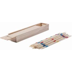 A wooden box containing colourful wooden sticks, arranged beside the box. The sticks are a mix of natural and painted colours.