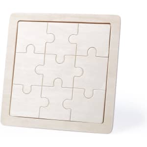 A wooden puzzle with six interlocking pieces arranged in a square frame, featuring a natural wood finish.