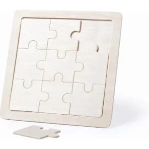 A wooden jigsaw puzzle featuring a nine-piece design with one piece separated from the frame. Light natural wood colour.