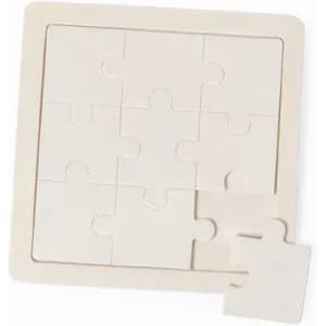 A jigsaw puzzle with a light beige frame and eight interlocking pieces, one piece is separated from the puzzle.