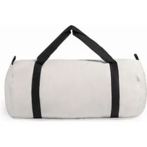 A duffle bag in light grey with black handles, featuring a rounded design and a simple style.