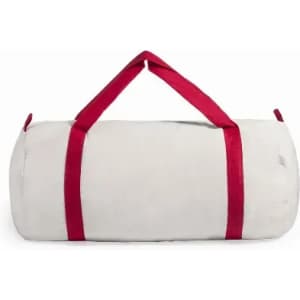 A grey duffel bag with red handles, featuring a simple and cylindrical design. It has a logo.