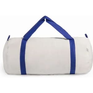 A duffle bag in grey with blue straps, featuring a rounded shape and sturdy handles for easy carrying.