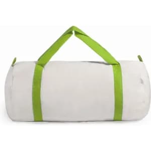 A grey duffel bag with green straps, featuring a simple, rounded design and an attached handle.