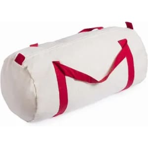A cylindrical bag in cream with red straps and handles, featuring a simple design and a sturdy appearance.