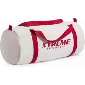 A cylindrical duffle bag in cream with red accents, featuring short handles and a branding logo.