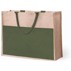 A jute tote bag in natural beige and dark green, featuring two sturdy handles and a spacious design.