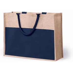 A jute shopping bag featuring a natural beige body with a navy blue accent and matching handles.