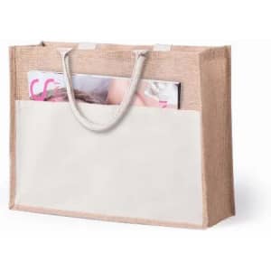 A reusable tote bag in natural jute with a white front pocket and sturdy handles.