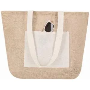 A jute tote bag in beige with white handles and a front pocket, featuring a simple design and no visible logos.