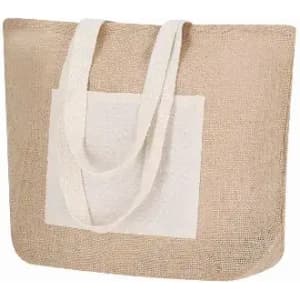 A jute tote bag in natural beige with cream handles and a front pocket. It features a simple, minimalistic design.