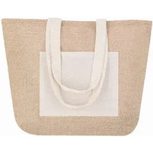 A jute tote bag in natural beige with a white panel and two sturdy handles. It features a simple and eco-friendly design.