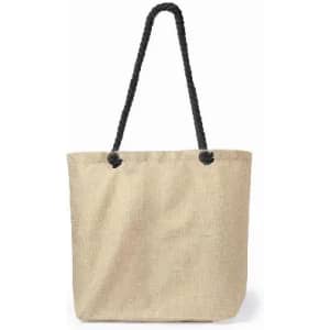 A beige tote bag with a textured finish and black rope handles. It features a simple and versatile design.