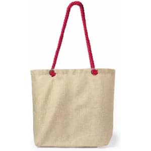 A tote bag in a natural beige colour with red rope handles and a simple design.