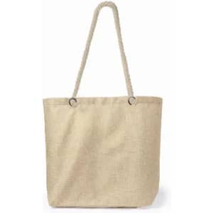 A tote bag made of natural jute with rope handles, featuring a simple and elegant design.