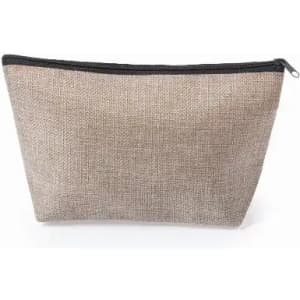 A cosmetic pouch in a natural beige colour with a black zip closure. Features a simple and minimalist design.