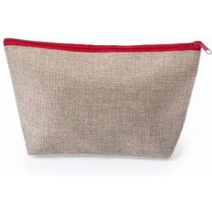 A zippered pouch in beige with a red zipper, featuring a simple triangular shape.