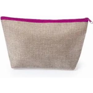 A cosmetic pouch in beige with a pink zip closure. Features a textured fabric and an interior for storage.