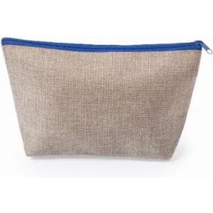 A pouch in natural linen with a blue zipper, ideal for storing small items. It features a simple design without branding.