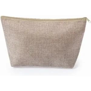 A cosmetic pouch in a natural, textured beige fabric with a zip closure.
