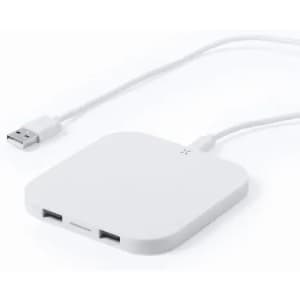 A white USB charger with two ports and a connected cable. The design is sleek and compact.