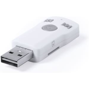 A USB device in white with buttons, featuring a logo and a rectangular connector.