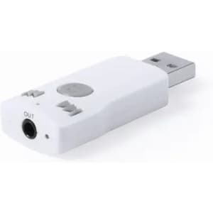 A USB audio adapter in white, featuring an output jack and control buttons. It has a sleek, compact design.