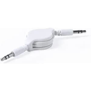 A retractable audio cable in white with two 3.5mm connectors on each end.