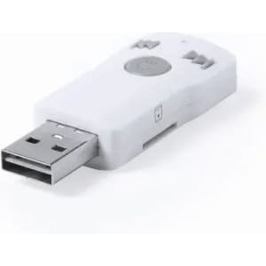 A USB device in white with a grey button and slots on the side, featuring a USB-A connector.