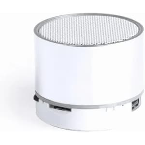 A compact white speaker with a textured top and a sleek design, featuring a silver trim.
