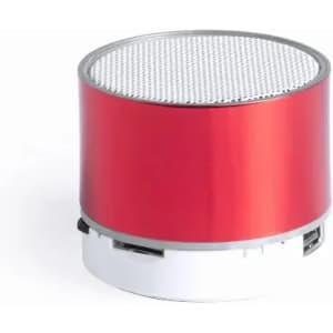 A red and white portable speaker with a metallic finish and a mesh grille on top.
