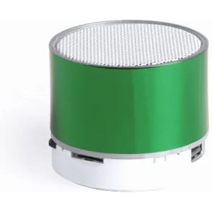 A green and silver cylindrical speaker with a mesh top and a base featuring ports, showcasing a simple yet modern design.