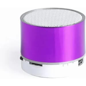 A purple cylindrical speaker with a mesh top and a white base, featuring a logo.