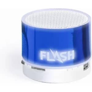 A blue portable speaker with a mesh top and a white base, featuring a logo on its side.