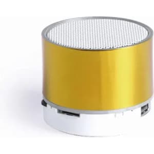 A round speaker with a shiny yellow body and a white base, featuring a textured mesh top.
