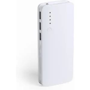 A portable power bank in white with indicator lights and multiple ports for charging devices.