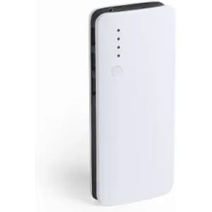 A white portable charger with multiple ports and indicator lights on the side. It has a sleek design with rounded edges.