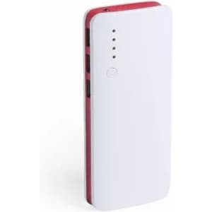 A portable power bank in white and red with LED indicator lights and a branding logo.